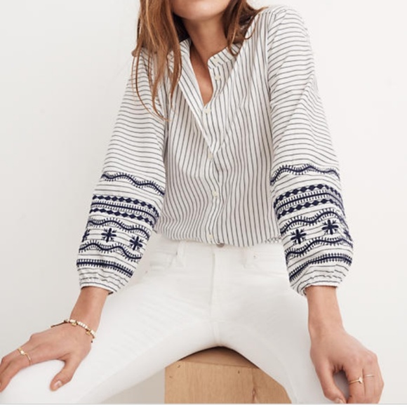 Madewell Tops - Madewel Striped Embroidered- Sleeve Shirt XS